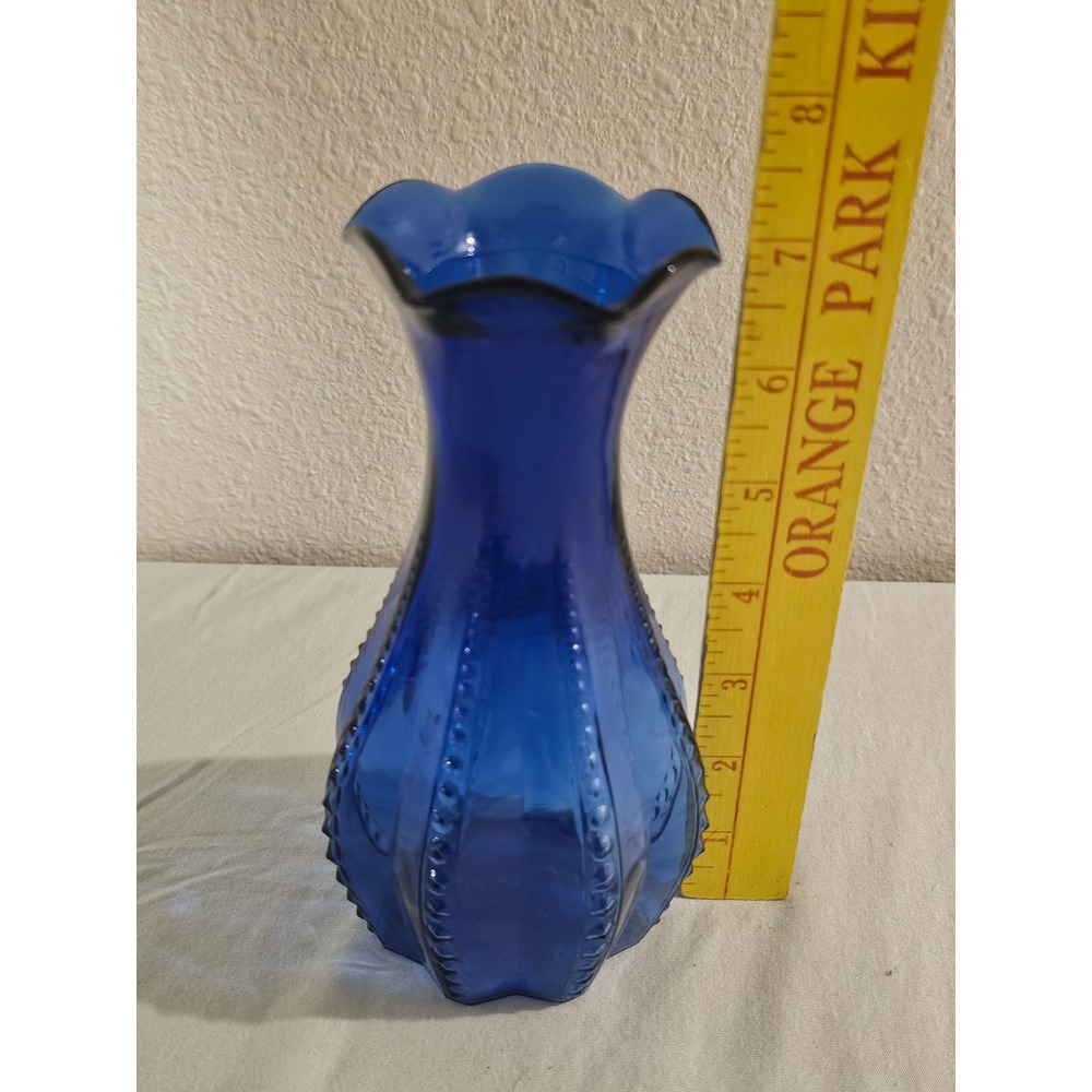 Vintage Cobalt Blue Glass Vase Ruffled Rim Beaded Paneled 7.5 Inch USA Made